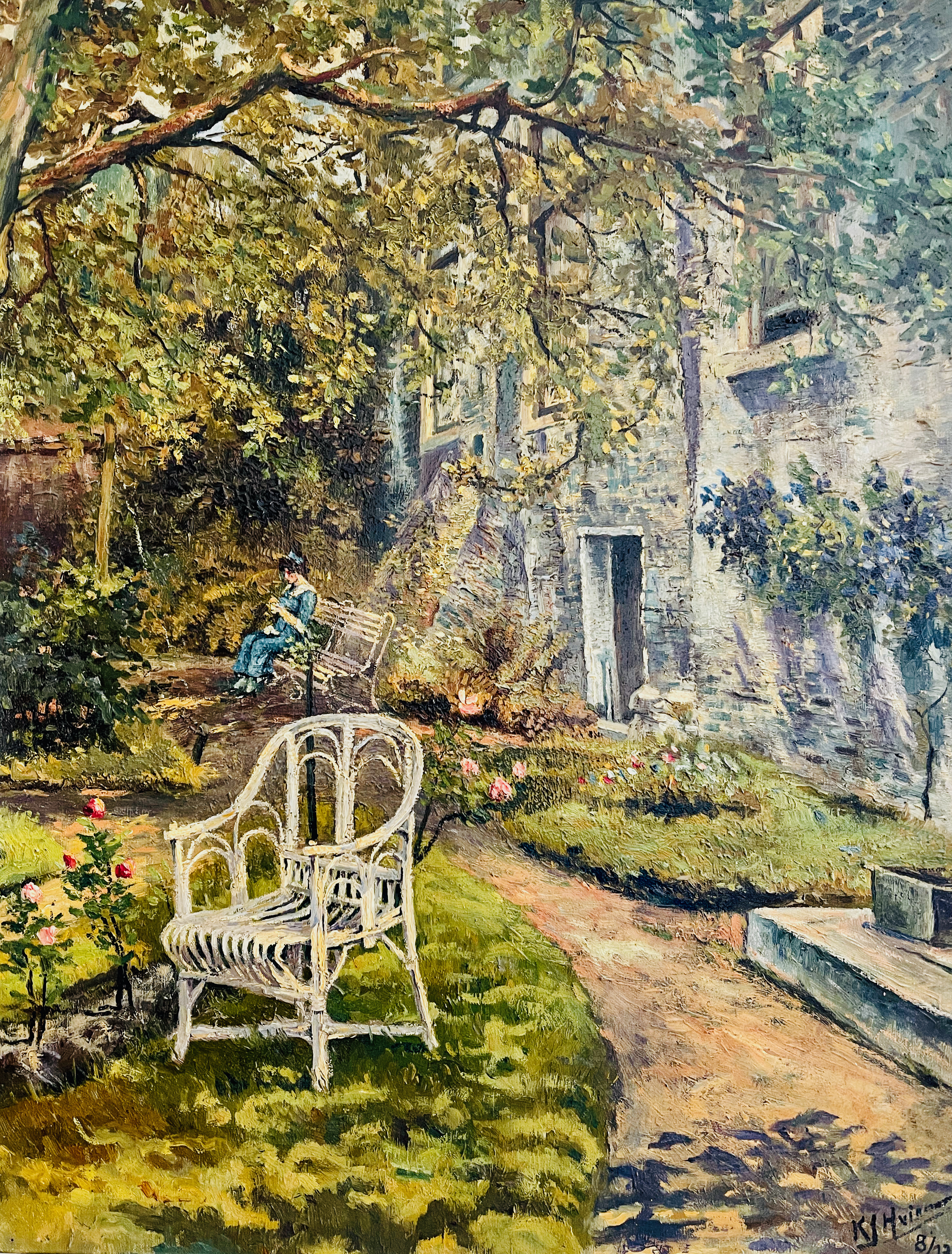 Achtertuin van de pastorie in Axel, in 1909 geschilderd door Kornelis Huineman (1886-1952). Op de achtergrond Gemma Hugenholtz (1891-1960); zus van opa Gerhard Hugenholtz (1889-1969).