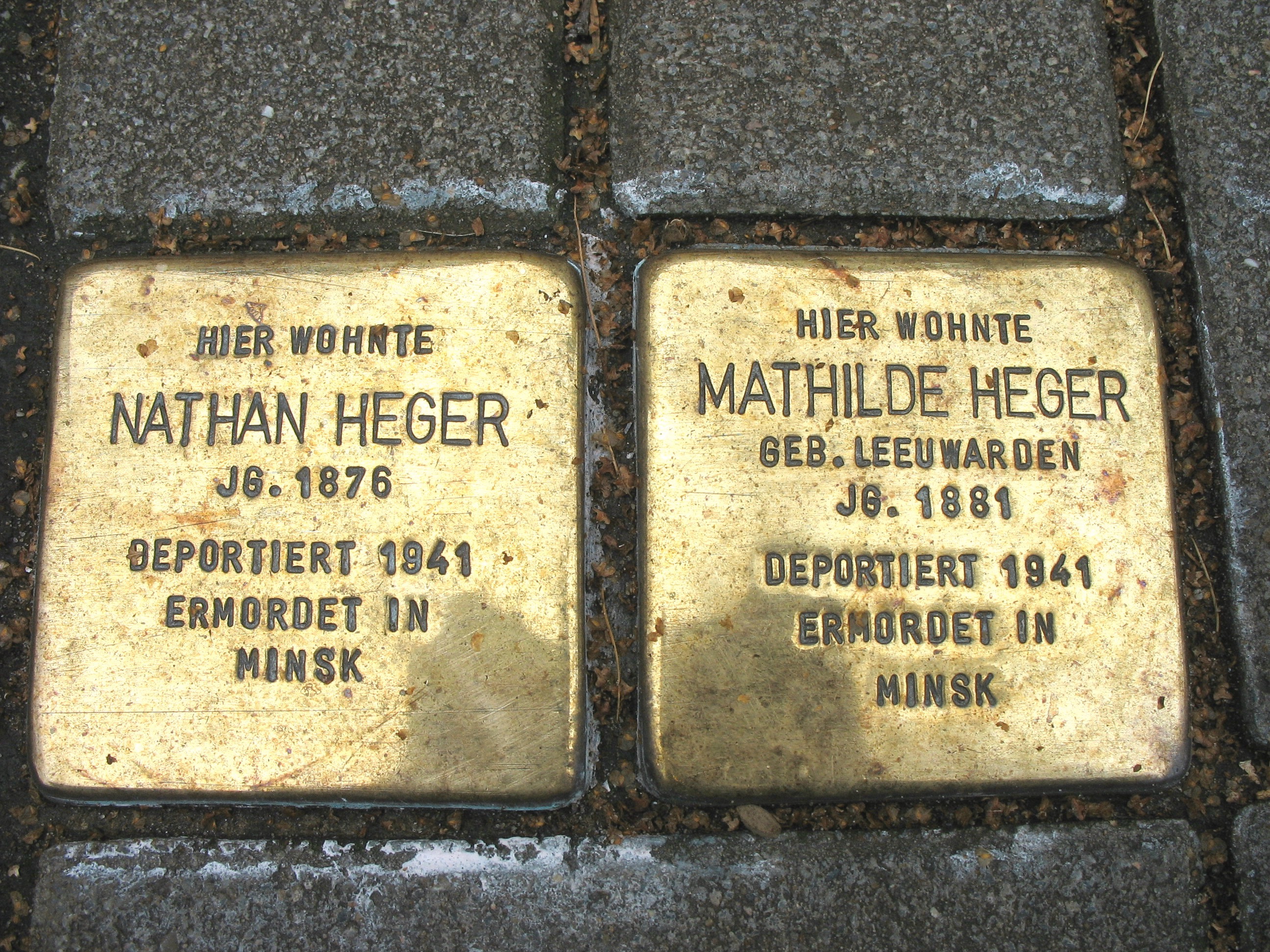 Stolpersteine in front of their last home on the  Scharnhorststraße 121 in Bremen, from wich they were deported to Minsk and murdered in 1942.