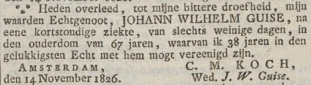 Overlijdensadvertentie uit 1826